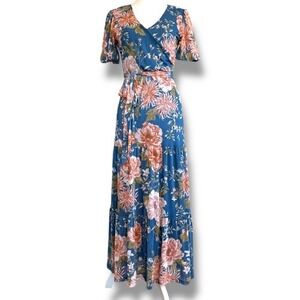 Harlow & Rose Blue Floral Maxi Dress Wrap V Neck Short‎ Sleeve Summer S